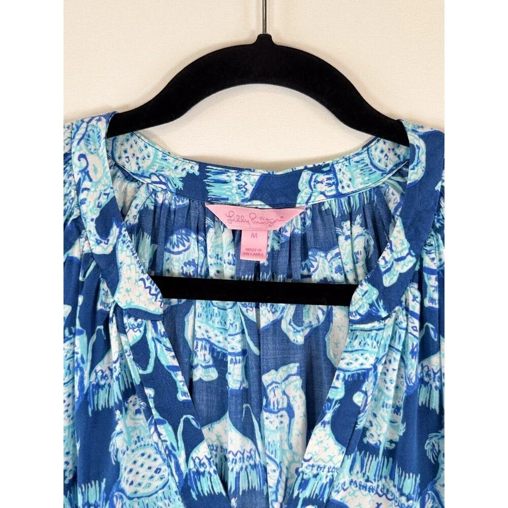 Lilly Pulitzer Womens Top Blue Martinique Elephant V Neck Blouse Casual Medium - Picture 4 of 13